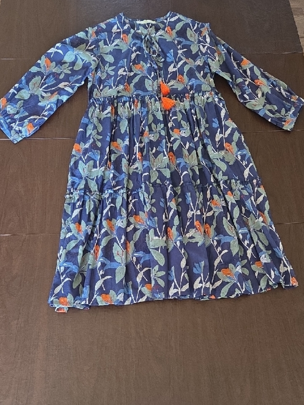 Navy Floral Tiered Casual Dress with Orange Tassel Tie
